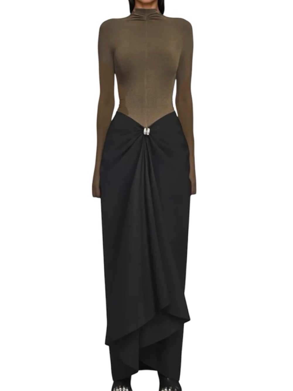 Innovare Denim Apria Bodycon Ruch Pleated Front Maxi Dress Brown/Black Medium